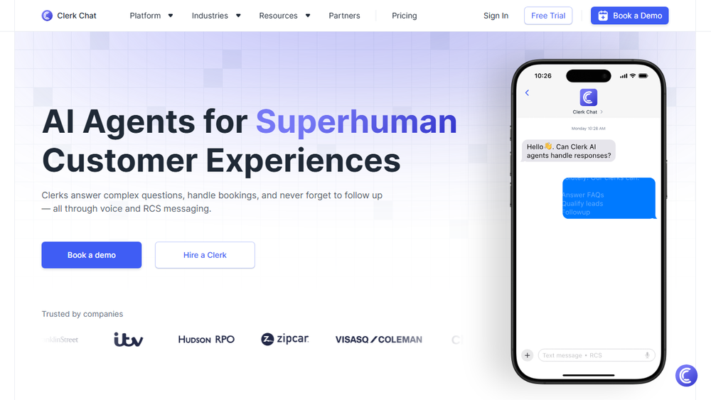 Screenshot of Clerk Chat: AI Agents for Superhuman Customer Experiences