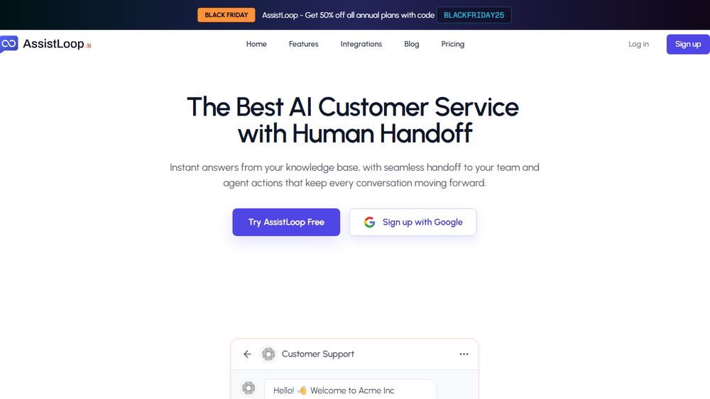 Screenshot of AssistLoop.ai - AI Customer Service Agent