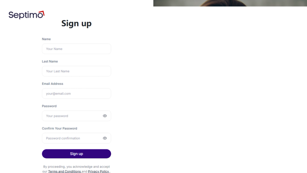 Screenshot of Septimo Registration Page