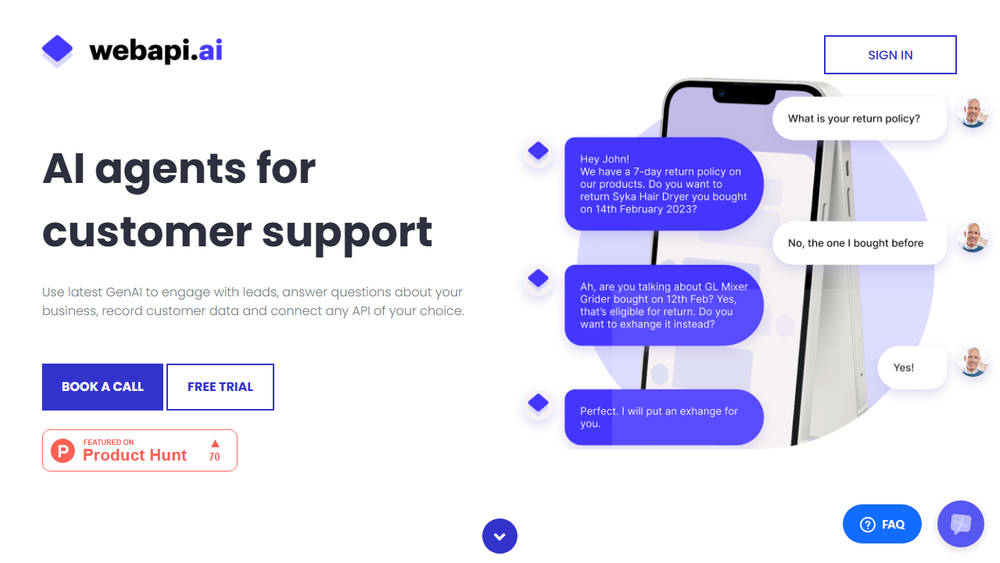 Screenshot of Webapi.ai - AI Agents for Customer Support