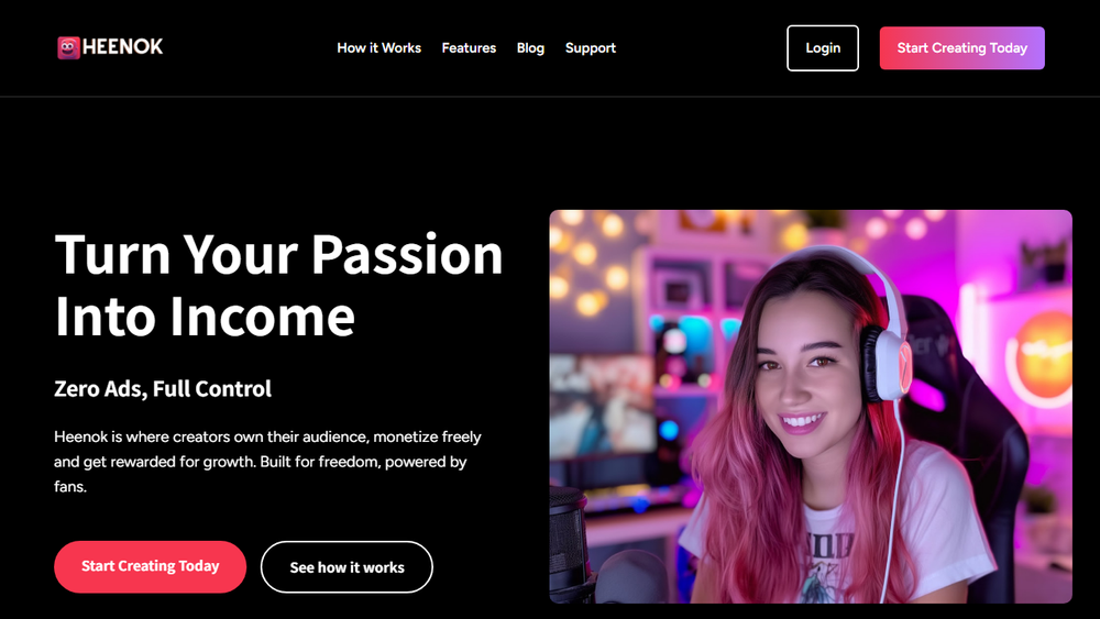 Screenshot of Heenok: The Free Speech Platform for Creators