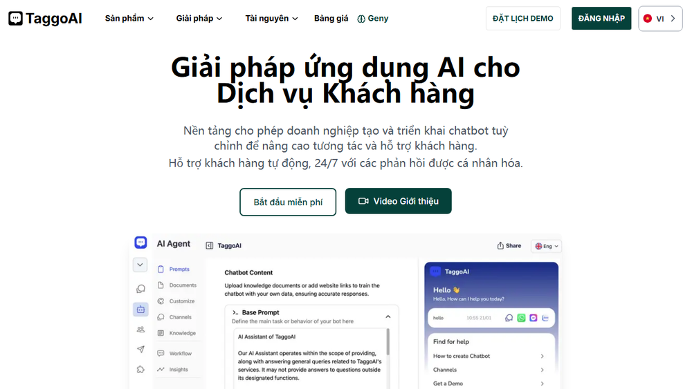 Screenshot of TaggoAI - Nền tảng Chatbot AI thông minh