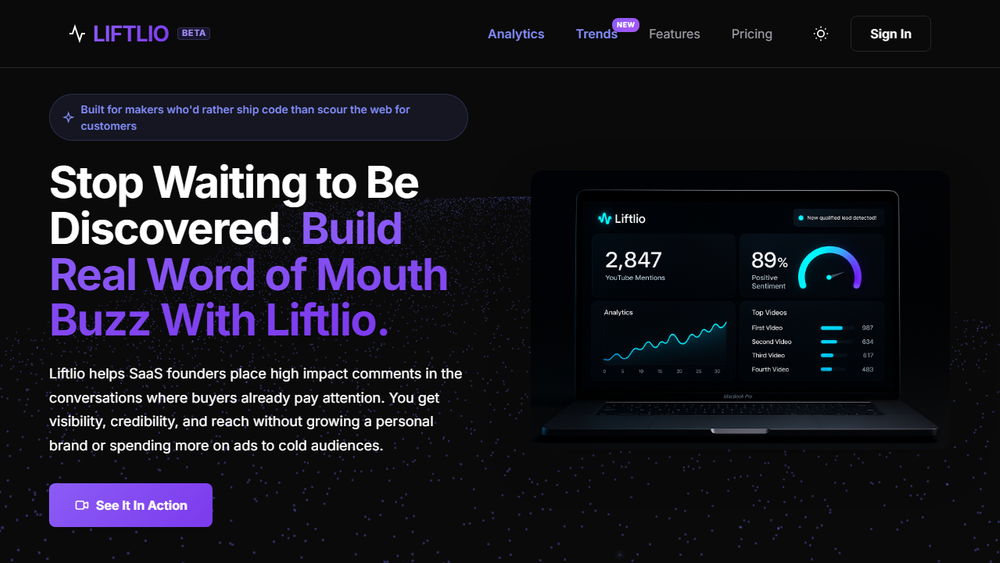 Screenshot of Liftlio: AI-Powered Word-of-Mouth Marketing Screenshot of Liftlio: AI-Powered Word-of-Mouth Marketing