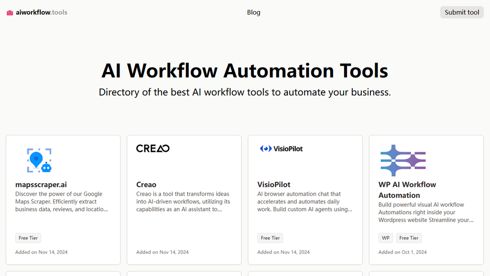 Screenshot of AI Workflow Automation Tools Directory