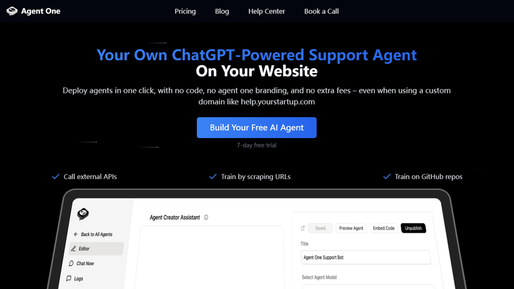 Screenshot of Agent One: Custom AI Support Agents