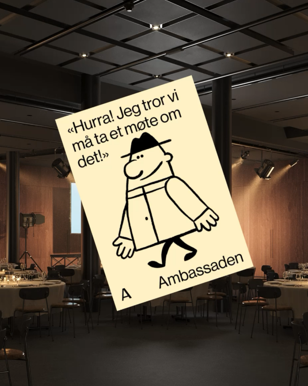 Some-annonse med illustrasjon av en mann. Tekst: Hurra, jeg tror vi må ta et møte om det!