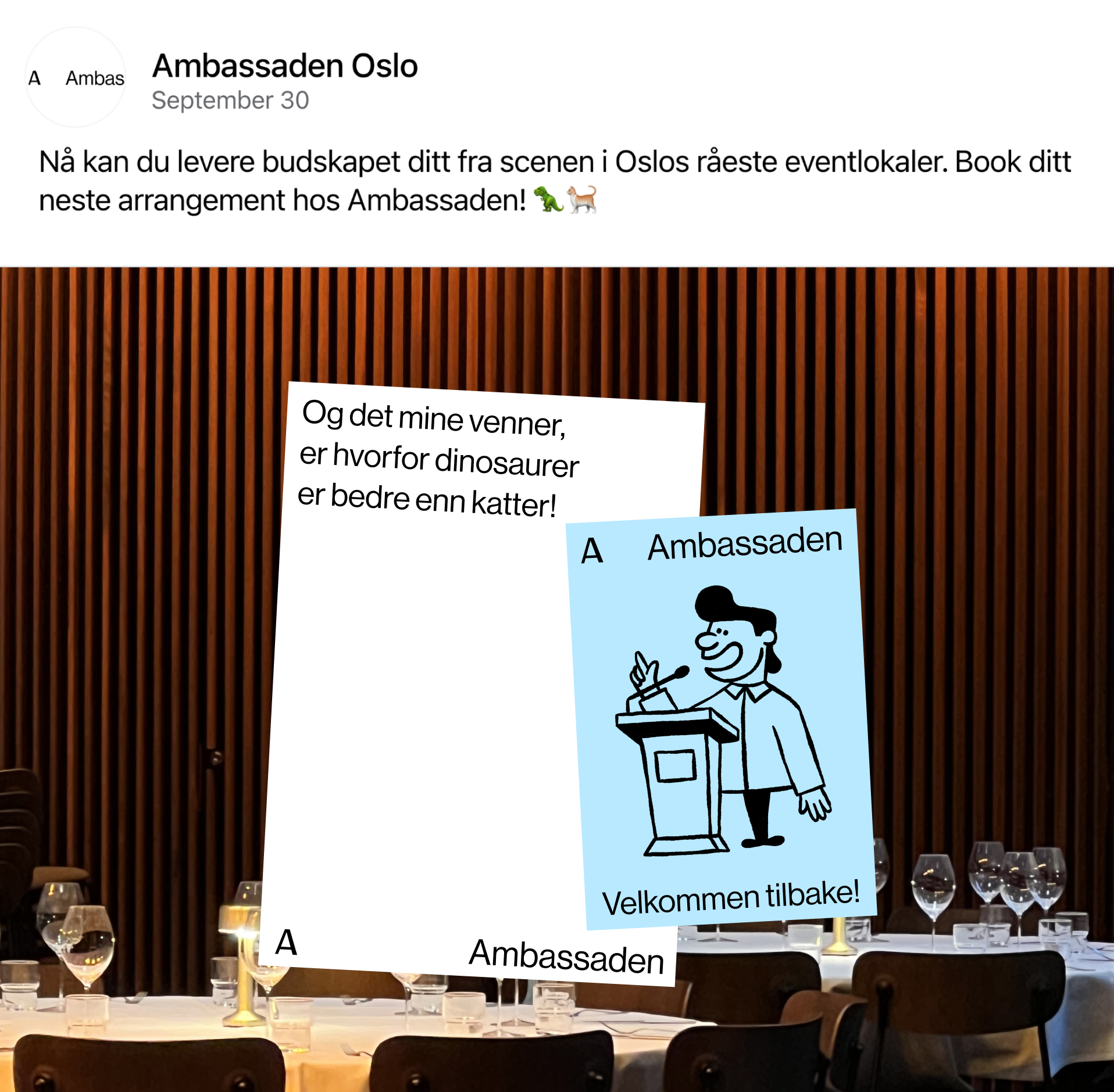 Some-annonse med illustrasjon av en som står foran mikrofonen på en talerstol