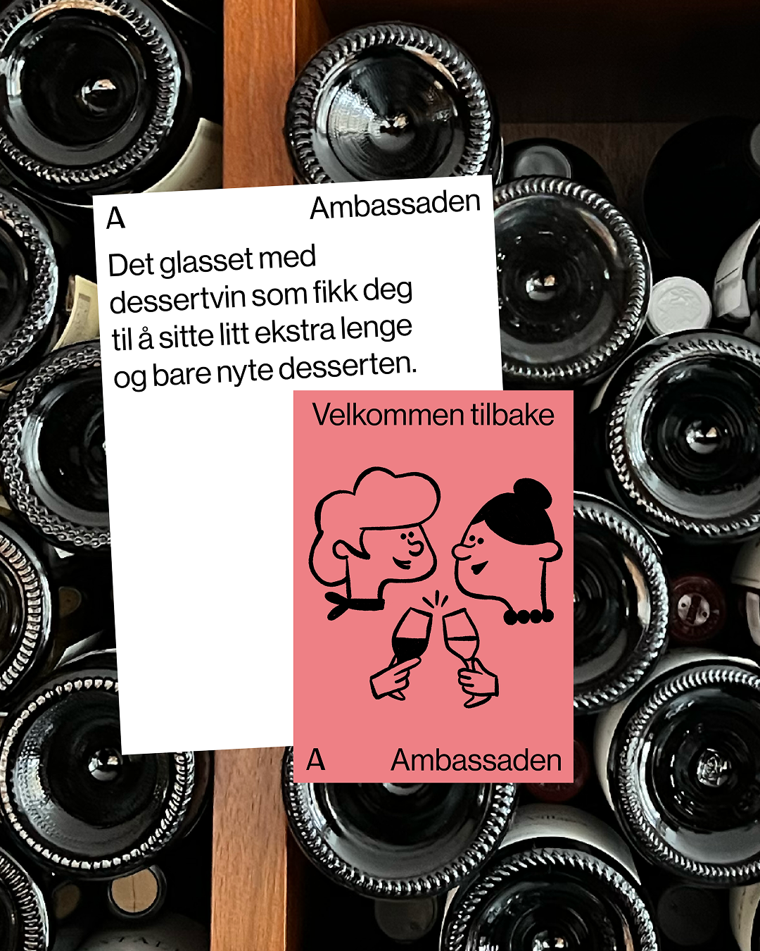 Someannonse med bilde av vinkjelleren og illustrasjon av to som skåler