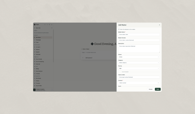 Dashboard with form panel for creating a matter
