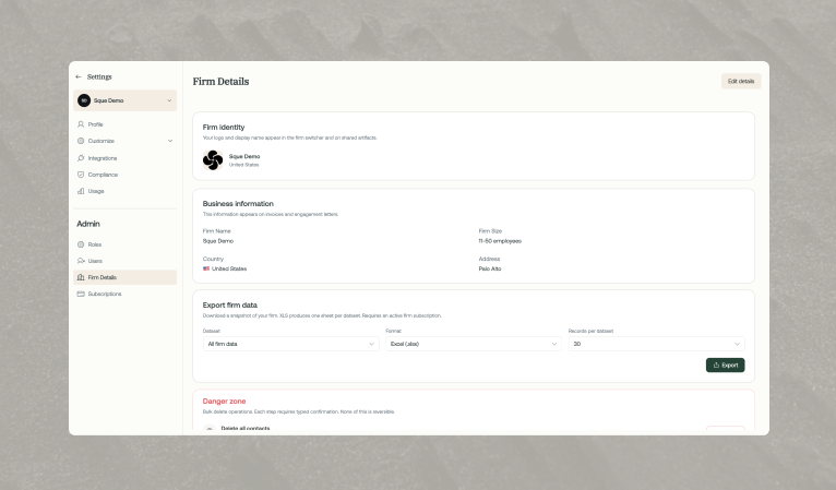Billing/matter details interface screen