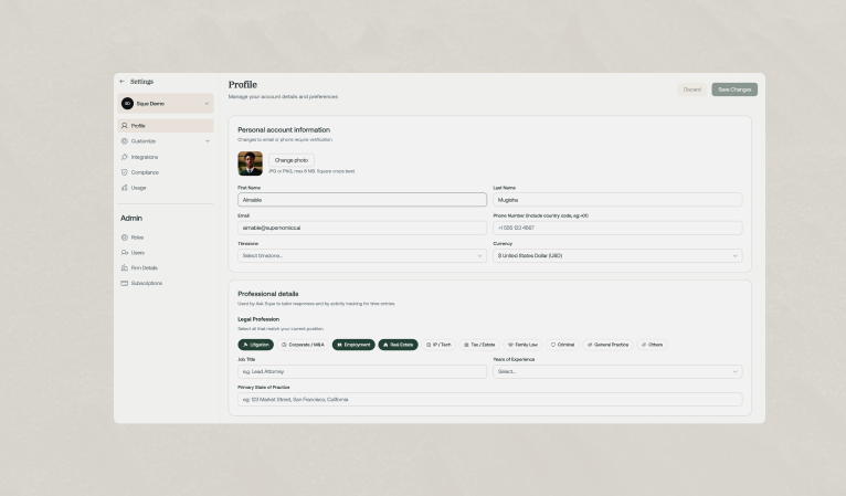 Settings profile page with personal and professional details