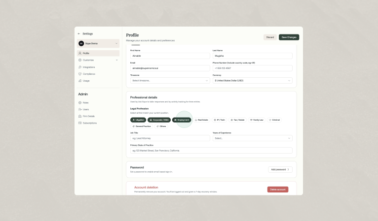 Profile settings with practice area tags and account options