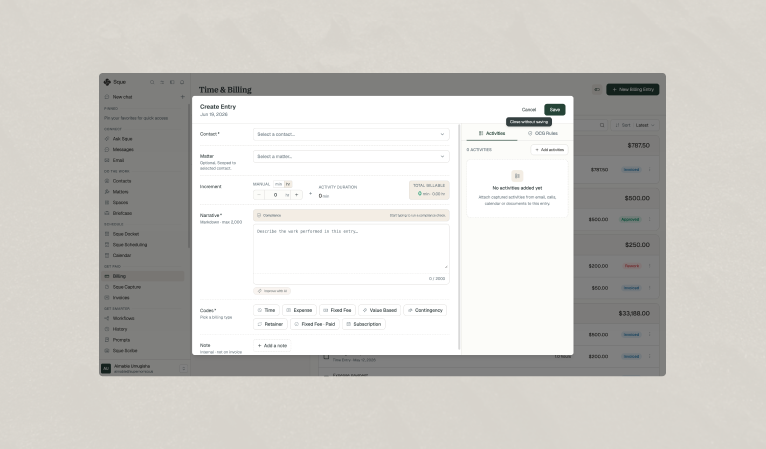 Billing entry form with time and expense fields