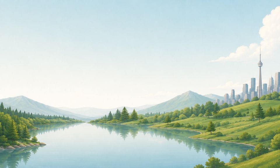 Illustrated Canadian landscape: a calm lake with forest and hills, and a city skyline with a tall tower in the distance.