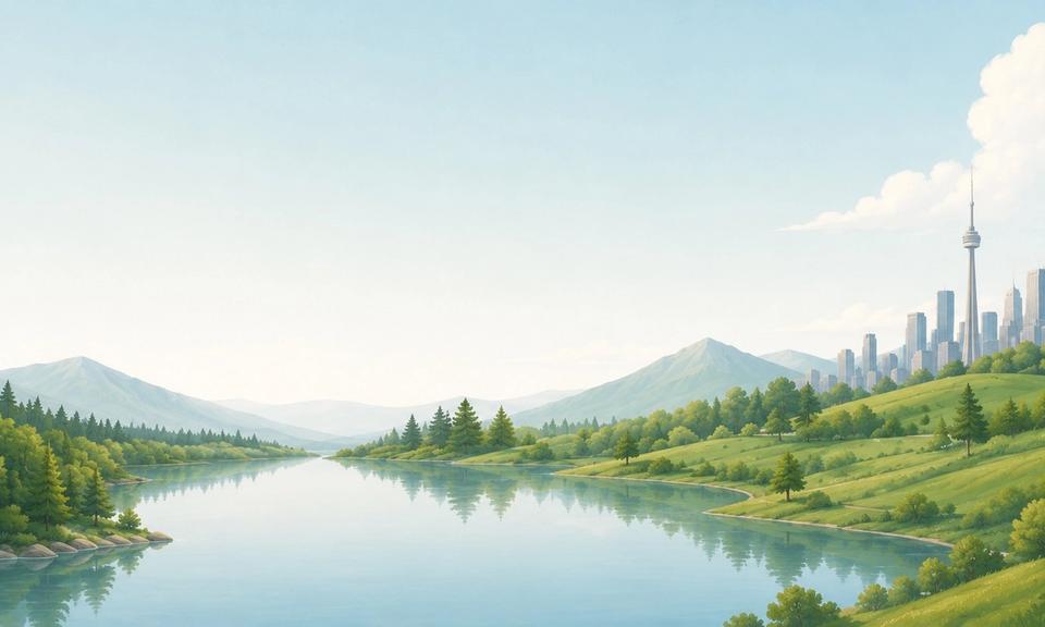 Illustrated Canadian landscape: a calm lake with forest and hills, and a city skyline with a tall tower in the distance.