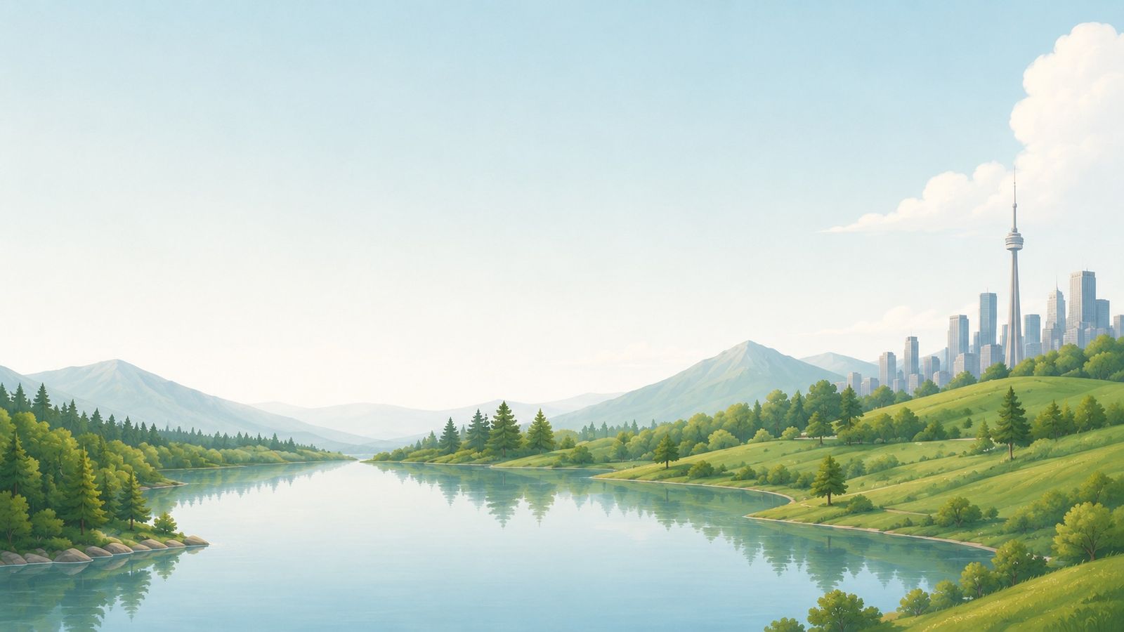 Illustrated Canadian landscape: a calm lake with forest and hills, and a city skyline with a tall tower in the distance.
