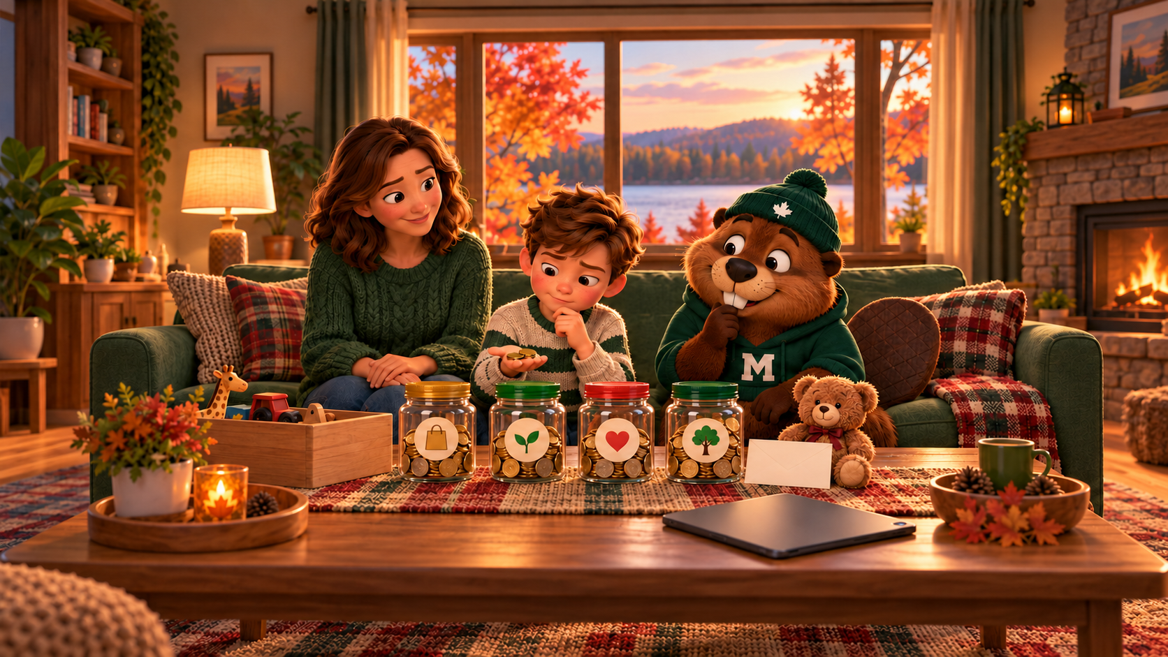 A cozy living room in autumn, with a lake and orange maple trees outside the window. A boy in a striped sweater sits on a green couch holding coins in his open hand, thinking. Four clear jars of coins sit in a row on the coffee table, marked with a shopping bag, a sprout, a heart and a tree. His mother sits beside him, smiling, and Monty the beaver, in a green toque and M hoodie, copies his thinking pose.