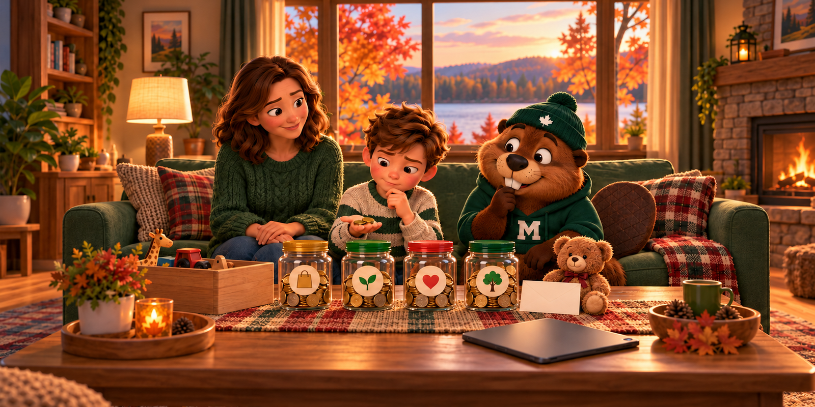 A cozy living room in autumn, with a lake and orange maple trees outside the window. A boy in a striped sweater sits on a green couch holding coins in his open hand, thinking. Four clear jars of coins sit in a row on the coffee table, marked with a shopping bag, a sprout, a heart and a tree. His mother sits beside him, smiling, and Monty the beaver, in a green toque and M hoodie, copies his thinking pose.