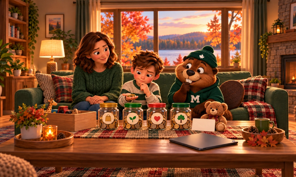 A cozy living room in autumn, with a lake and orange maple trees outside the window. A boy in a striped sweater sits on a green couch holding coins in his open hand, thinking. Four clear jars of coins sit in a row on the coffee table, marked with a shopping bag, a sprout, a heart and a tree. His mother sits beside him, smiling, and Monty the beaver, in a green toque and M hoodie, copies his thinking pose.