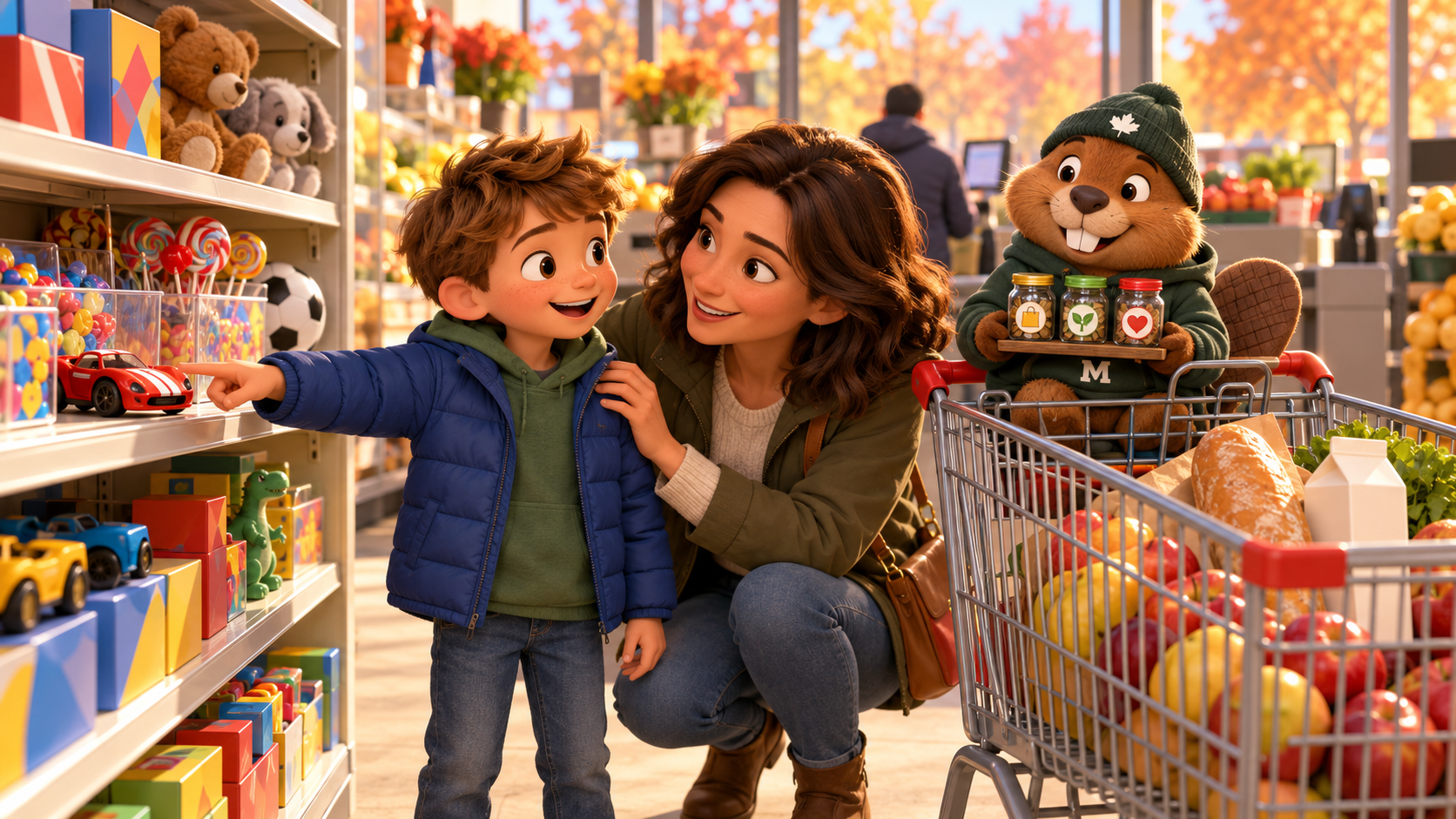 A sunny grocery store in autumn. A young boy in a blue puffer jacket points at a red toy car on a shelf of toys and candy, while his mother crouches beside him at eye level, smiling, with a hand on his shoulder. Monty the beaver, in a green toque and M hoodie, sits in the shopping cart seat holding three jars marked with a shopping bag, a sprout and a heart.