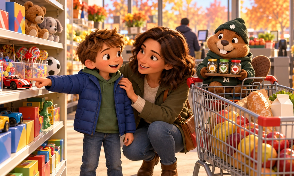A sunny grocery store in autumn. A young boy in a blue puffer jacket points at a red toy car on a shelf of toys and candy, while his mother crouches beside him at eye level, smiling, with a hand on his shoulder. Monty the beaver, in a green toque and M hoodie, sits in the shopping cart seat holding three jars marked with a shopping bag, a sprout and a heart.