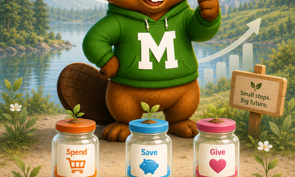 Monty the beaver mascot giving a thumbs up behind three jars labelled Spend, Save and Give.
