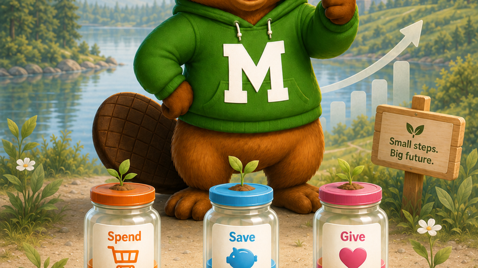 Monty the beaver mascot giving a thumbs up behind three jars labelled Spend, Save and Give.
