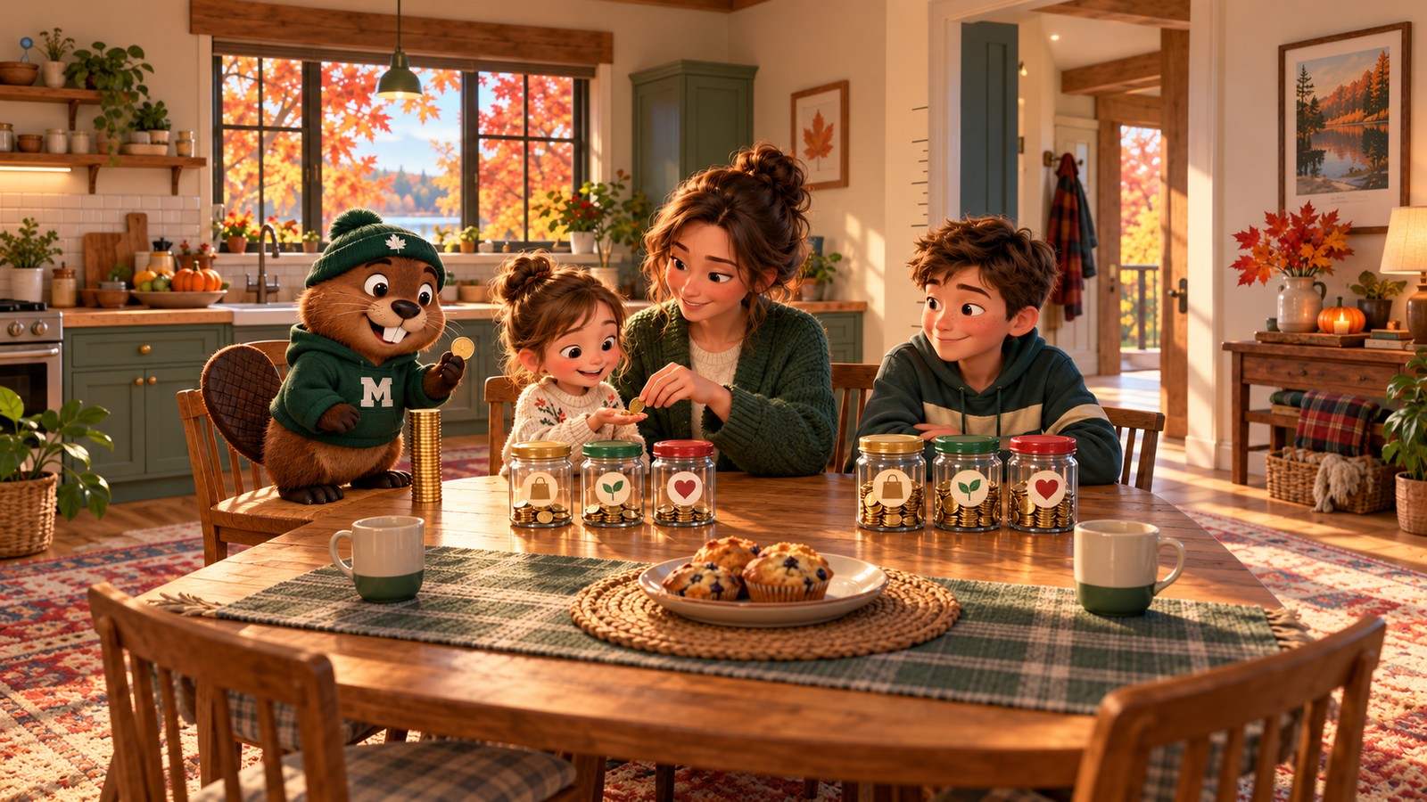A sunny autumn kitchen table with muffins and mugs. A parent passes a coin to a young girl, while an older boy sits beside them smiling. Each child has their own row of three glass jars, marked with a shopping bag, a sprout and a heart, and the older child's jars hold more coins. Monty the beaver, in a green toque and M hoodie, sits on a chair holding up a coin next to a tall stack of coins.