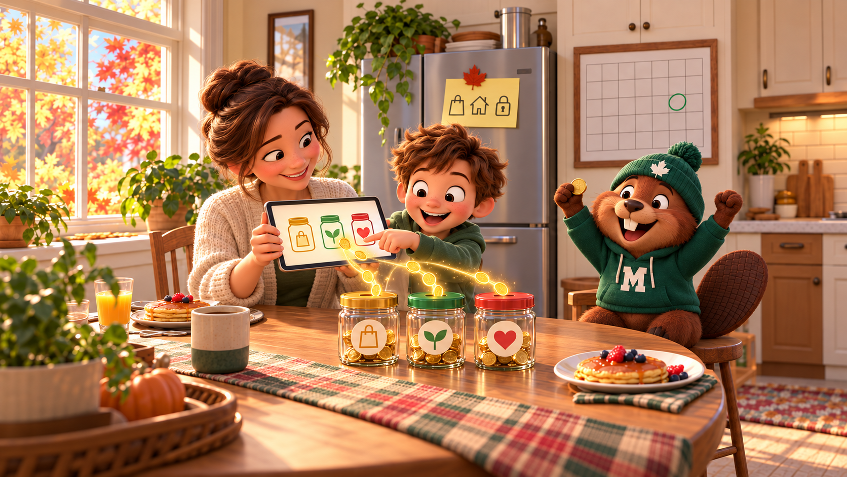 A parent and child sit at a sunny autumn breakfast table with pancakes. The parent holds up a tablet showing three jars, and the child taps the green one. A trail of glowing coins flows from the screen into three glass jars on the table, marked with a shopping bag, a sprout and a heart. On the fridge, a sticky note shows a bag, a house and a padlock; a calendar on the wall has one day circled in green. Monty the beaver, in a green toque and M hoodie, cheers from a stool holding up a coin.