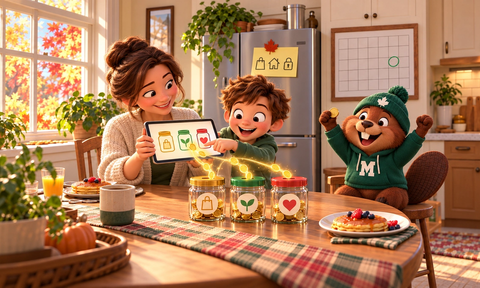A parent and child sit at a sunny autumn breakfast table with pancakes. The parent holds up a tablet showing three jars, and the child taps the green one. A trail of glowing coins flows from the screen into three glass jars on the table, marked with a shopping bag, a sprout and a heart. On the fridge, a sticky note shows a bag, a house and a padlock; a calendar on the wall has one day circled in green. Monty the beaver, in a green toque and M hoodie, cheers from a stool holding up a coin.