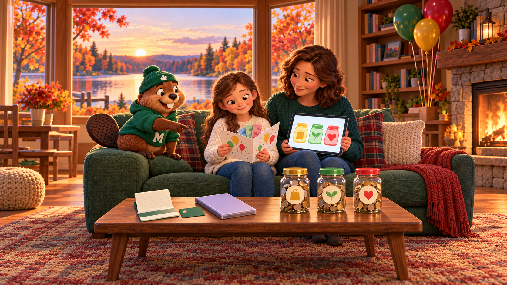 A cozy living room in autumn, with a lake at sunset outside the window. A girl on a green couch smiles at an open birthday card with money tucked inside, while her mother holds up a tablet showing three jars. On the coffee table are an open booklet, a bank card and a purple folder on one side, and three clear jars of coins marked with a shopping bag, a sprout and a heart on the other. Monty the beaver, in a green toque and M hoodie, points at the jars from the arm of the couch, with birthday balloons and a fireplace behind.