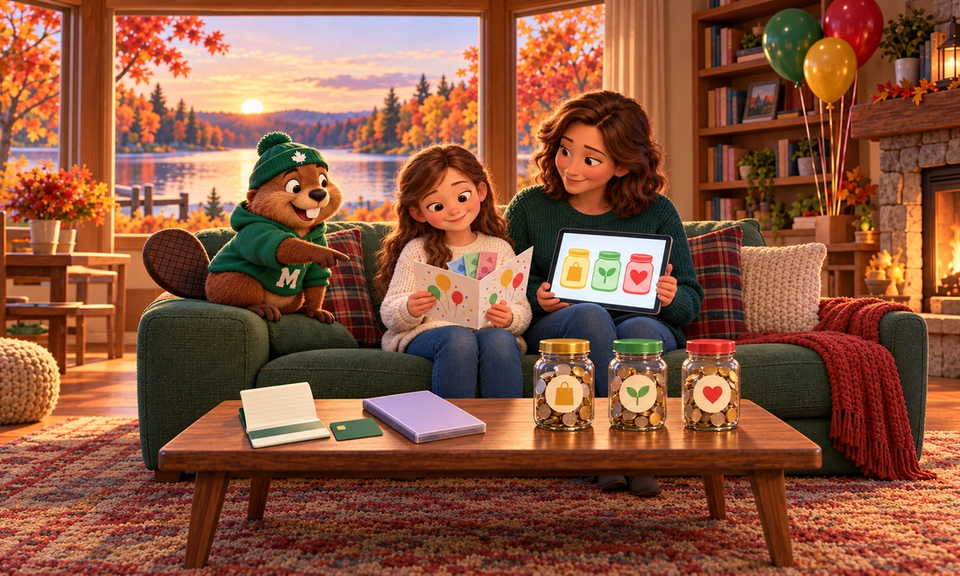A cozy living room in autumn, with a lake at sunset outside the window. A girl on a green couch smiles at an open birthday card with money tucked inside, while her mother holds up a tablet showing three jars. On the coffee table are an open booklet, a bank card and a purple folder on one side, and three clear jars of coins marked with a shopping bag, a sprout and a heart on the other. Monty the beaver, in a green toque and M hoodie, points at the jars from the arm of the couch, with birthday balloons and a fireplace behind.