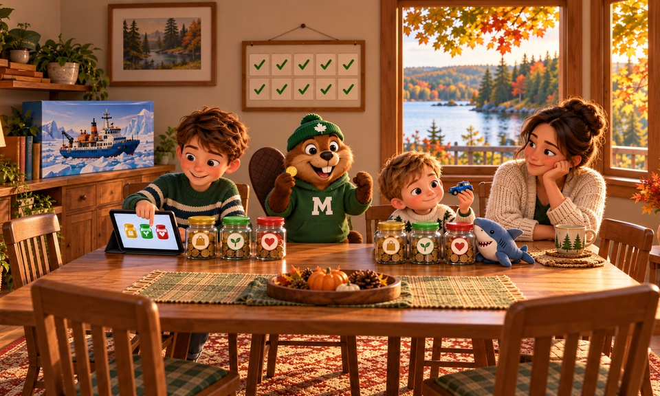 Two brothers at a dining table in autumn for their weekly money check-in, each with three clear jars of coins marked with a shopping bag, a sprout and a heart. The older boy taps a tablet showing three jars, and the younger boy holds up a small blue toy car, with a shark plush beside his jars. Monty the beaver, in a green toque and M hoodie, sits between them holding up a coin and cheering. A chart with ten ticks hangs on the wall, a building set with an icebreaker ship on its box sits on a cabinet, and their mother listens, chin in hand.