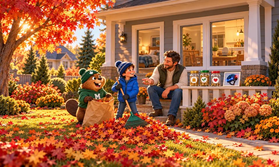 A sunny autumn front yard under a red maple. A boy in a blue puffer jacket and toque rakes a pile of leaves and smiles at his dad, who sits on the porch steps holding out coins for the job. Monty the beaver, in a green toque and M hoodie, holds open a paper leaf bag. On the porch ledge sit three glass jars of coins marked with a shopping bag, a sprout and a heart, next to a picture of a helmet with lights. Through the windows, a made bed and a tidy kitchen table.