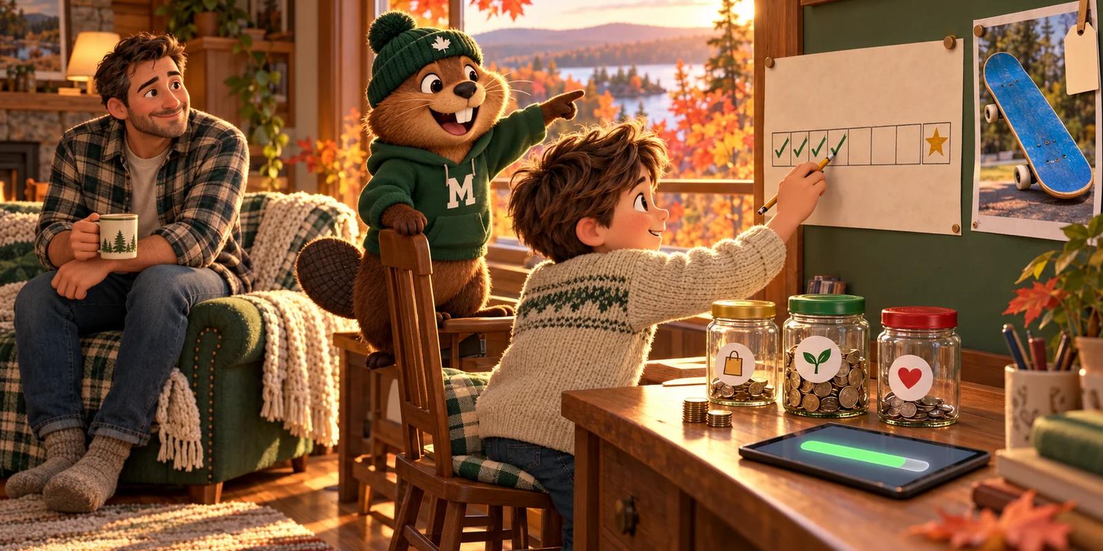 A boy at his desk ticks off another week on a paper calendar leading to a star, next to a picture of the blue skateboard he is saving for, while Monty the beaver points to the star and his dad watches from an armchair. On the desk sit his Spend, Save and Give jars, the Save jar fullest.