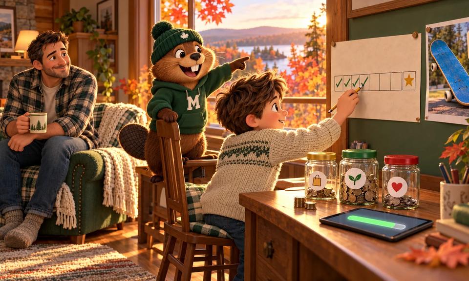 A boy at his desk ticks off another week on a paper calendar leading to a star, next to a picture of the blue skateboard he is saving for, while Monty the beaver points to the star and his dad watches from an armchair. On the desk sit his Spend, Save and Give jars, the Save jar fullest.