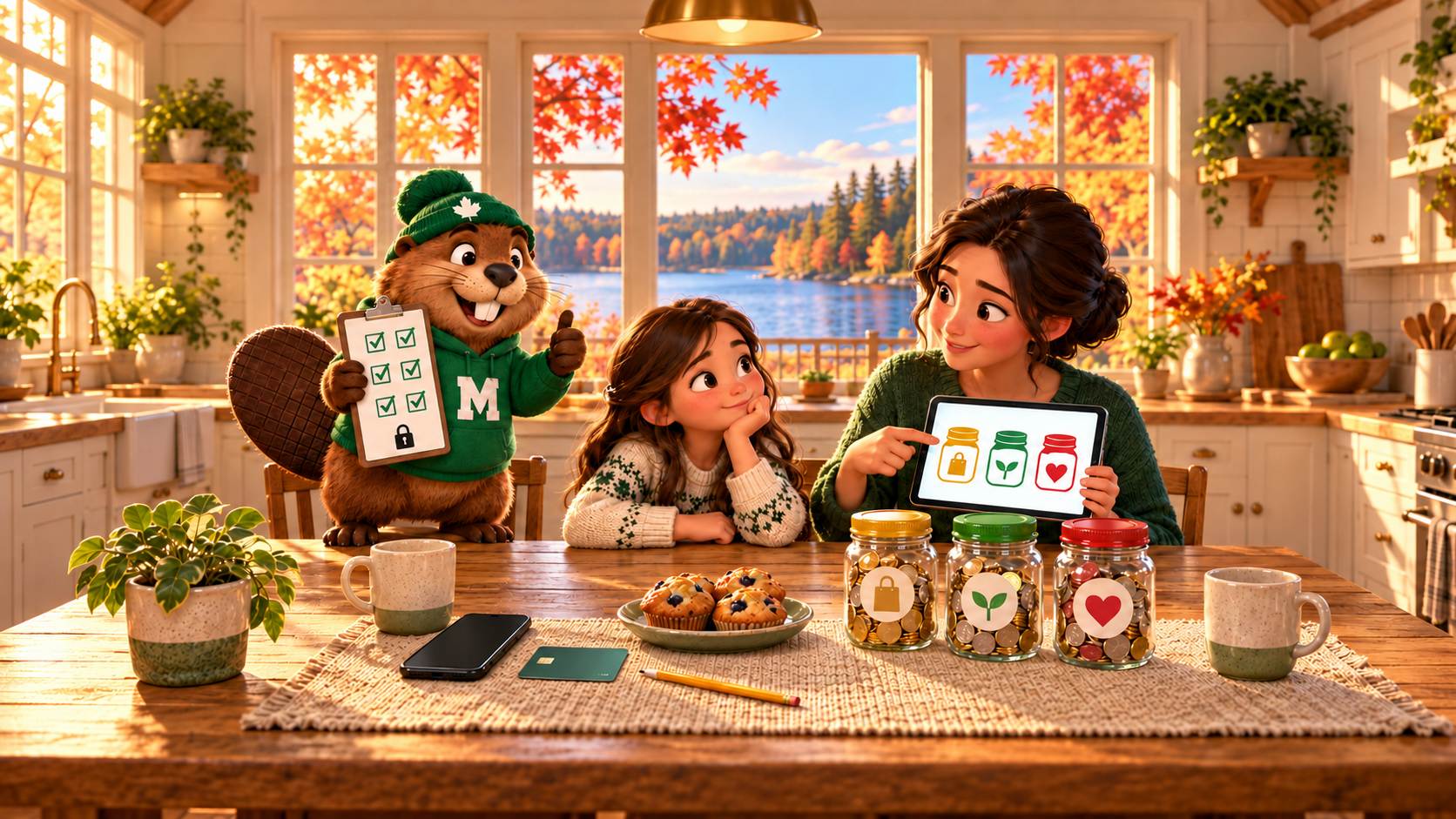 A sunny autumn kitchen with a lake and maple trees outside the windows. A girl rests her chin on her hand, thinking, while her mother points to three jars on a tablet. On the table, a phone and a bank card sit on one side and three clear jars of coins, marked with a shopping bag, a sprout and a heart, on the other, with muffins and mugs between. Monty the beaver, in a green toque and M hoodie, holds a clipboard of ticked boxes and a padlock and gives a thumbs-up.