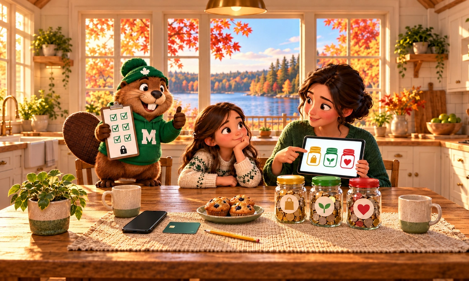 A sunny autumn kitchen with a lake and maple trees outside the windows. A girl rests her chin on her hand, thinking, while her mother points to three jars on a tablet. On the table, a phone and a bank card sit on one side and three clear jars of coins, marked with a shopping bag, a sprout and a heart, on the other, with muffins and mugs between. Monty the beaver, in a green toque and M hoodie, holds a clipboard of ticked boxes and a padlock and gives a thumbs-up.