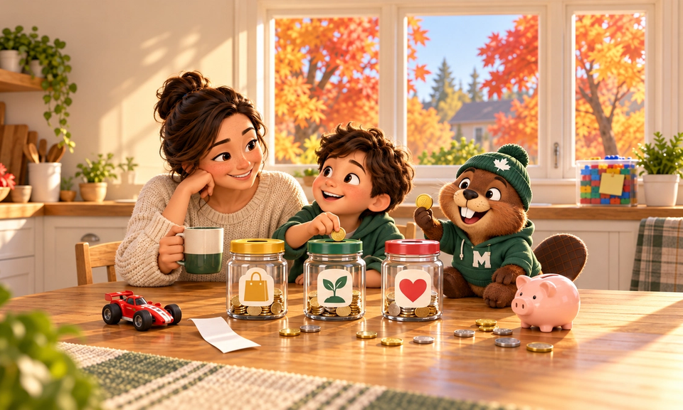 A parent and child sit at a sunny kitchen table with three coin jars marked with a shopping bag, a sprout and a heart. The child drops a coin into the sprout jar while Monty the beaver cheers, holding up a coin. A toy car, a receipt and a piggy bank sit nearby, with autumn maple trees outside the window.