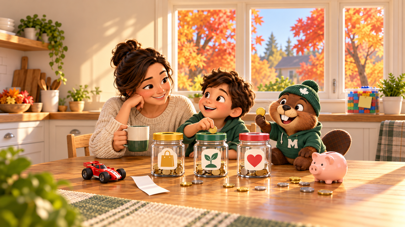 A parent and child sit at a sunny kitchen table with three coin jars marked with a shopping bag, a sprout and a heart. The child drops a coin into the sprout jar while Monty the beaver cheers, holding up a coin. A toy car, a receipt and a piggy bank sit nearby, with autumn maple trees outside the window.