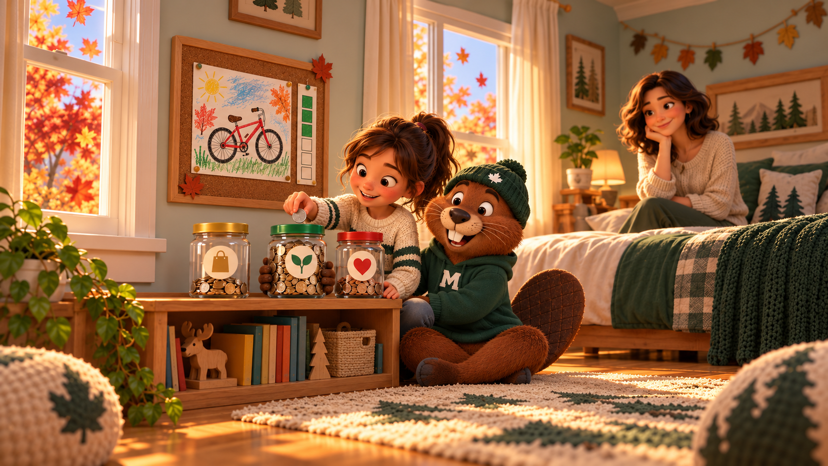A child's bedroom in autumn, with red and orange maple leaves outside the windows. A girl in a striped sweater smiles as she drops a coin into the middle of three clear jars of coins on a low shelf, marked with a shopping bag, a sprout and a heart. On the corkboard above is her crayon drawing of a red bike and a chart with three of its boxes coloured in. Monty the beaver, in a green toque and M hoodie, sits beside her with a paw on the middle jar, and her mother watches from the bed, smiling.