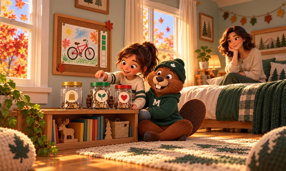 A child's bedroom in autumn, with red and orange maple leaves outside the windows. A girl in a striped sweater smiles as she drops a coin into the middle of three clear jars of coins on a low shelf, marked with a shopping bag, a sprout and a heart. On the corkboard above is her crayon drawing of a red bike and a chart with three of its boxes coloured in. Monty the beaver, in a green toque and M hoodie, sits beside her with a paw on the middle jar, and her mother watches from the bed, smiling.