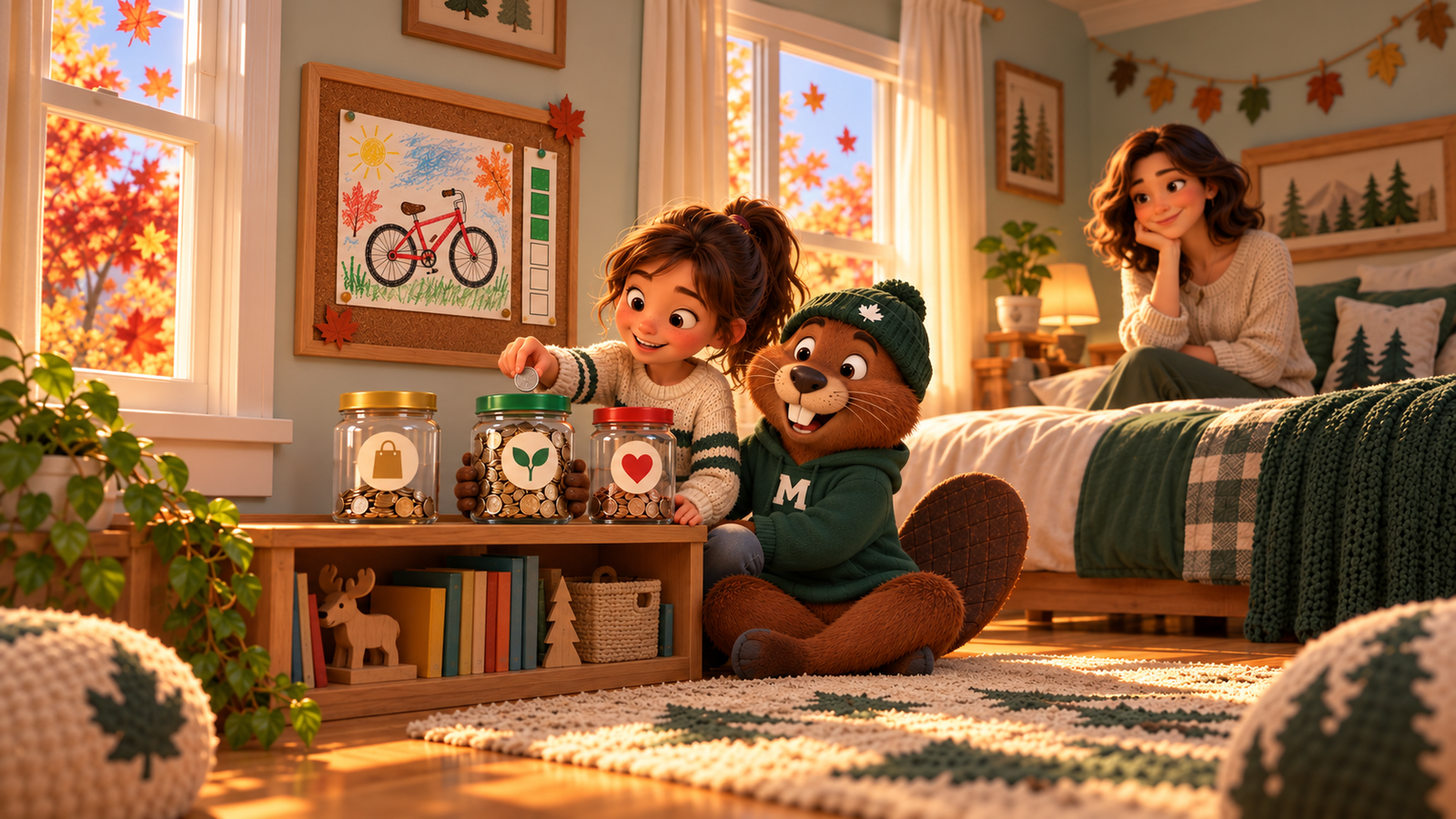 A child's bedroom in autumn, with red and orange maple leaves outside the windows. A girl in a striped sweater smiles as she drops a coin into the middle of three clear jars of coins on a low shelf, marked with a shopping bag, a sprout and a heart. On the corkboard above is her crayon drawing of a red bike and a chart with three of its boxes coloured in. Monty the beaver, in a green toque and M hoodie, sits beside her with a paw on the middle jar, and her mother watches from the bed, smiling.