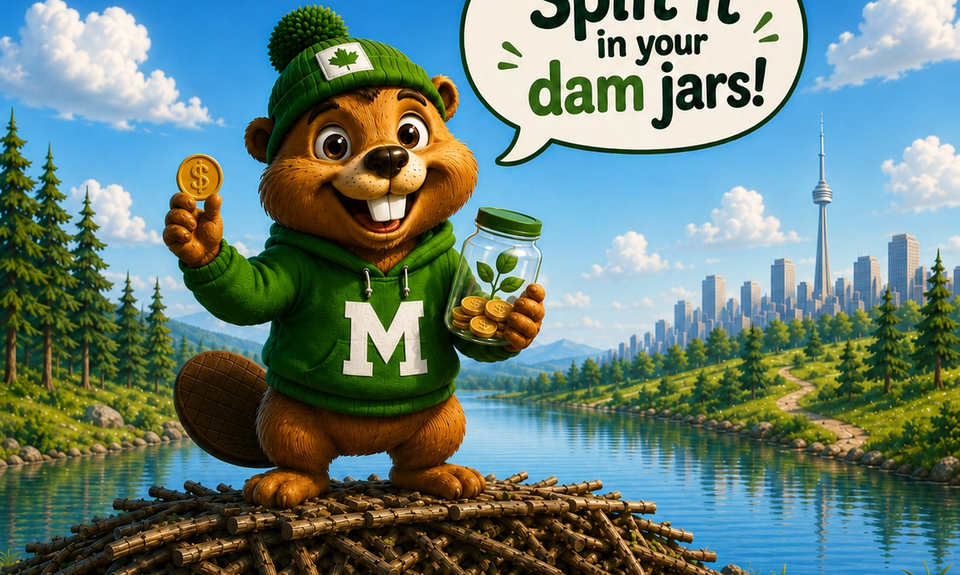 Monty the beaver in a green toque and hoodie holds a coin and a jar on a dam by a lake, with Spend, Save and Give jars in front and a city skyline behind. His speech bubble says "Split it in your dam jars!"