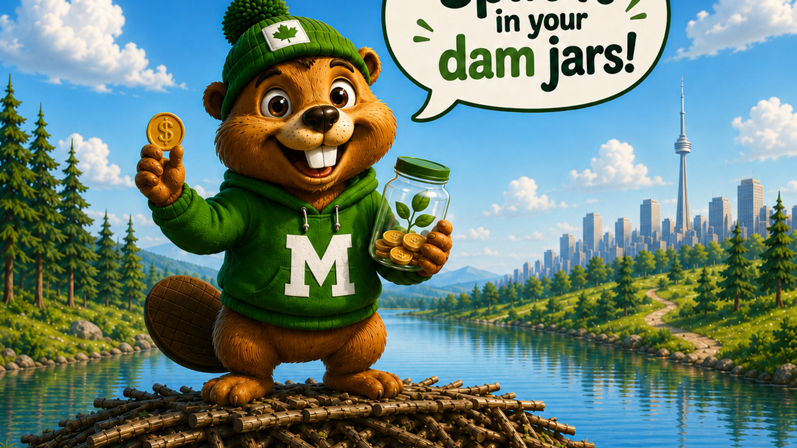 Monty the beaver in a green toque and hoodie holds a coin and a jar on a dam by a lake, with Spend, Save and Give jars in front and a city skyline behind. His speech bubble says "Split it in your dam jars!"