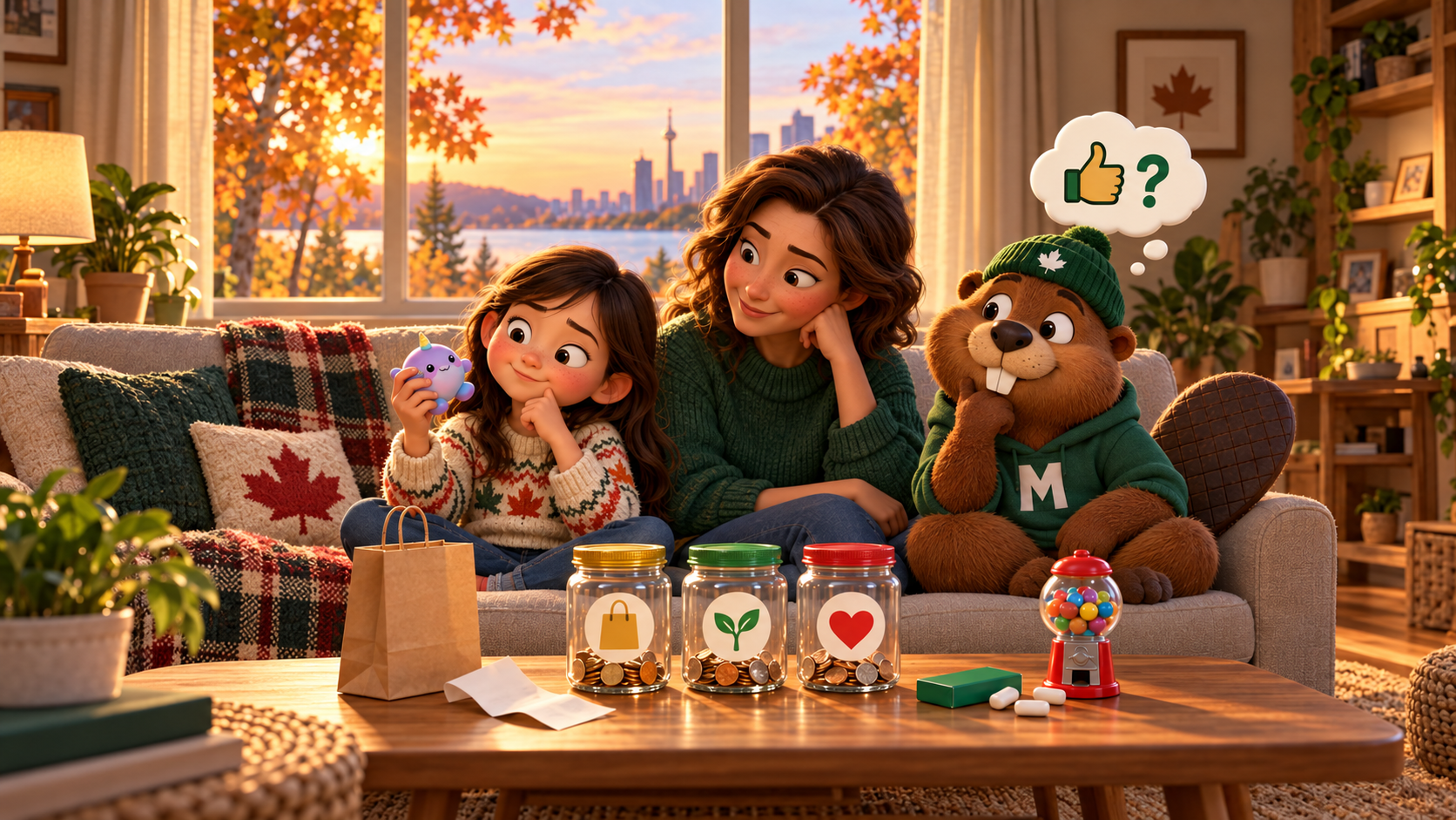 A child and parent sit on a cozy couch at sunset. The child holds up a small purple squishy toy and thinks it over while the parent listens, chin in hand. Monty the beaver mirrors the thinking pose under a thought bubble with a thumbs-up and a question mark. On the coffee table are a paper shopping bag, a receipt, three coin jars marked with a shopping bag, a sprout and a heart, a pack of gum and a gumball machine.