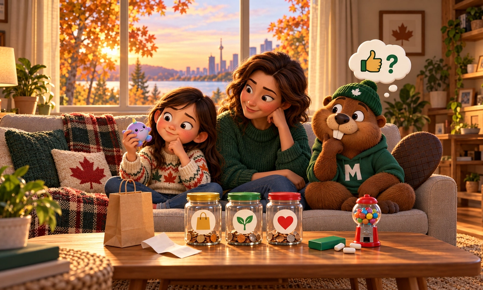 A child and parent sit on a cozy couch at sunset. The child holds up a small purple squishy toy and thinks it over while the parent listens, chin in hand. Monty the beaver mirrors the thinking pose under a thought bubble with a thumbs-up and a question mark. On the coffee table are a paper shopping bag, a receipt, three coin jars marked with a shopping bag, a sprout and a heart, a pack of gum and a gumball machine.