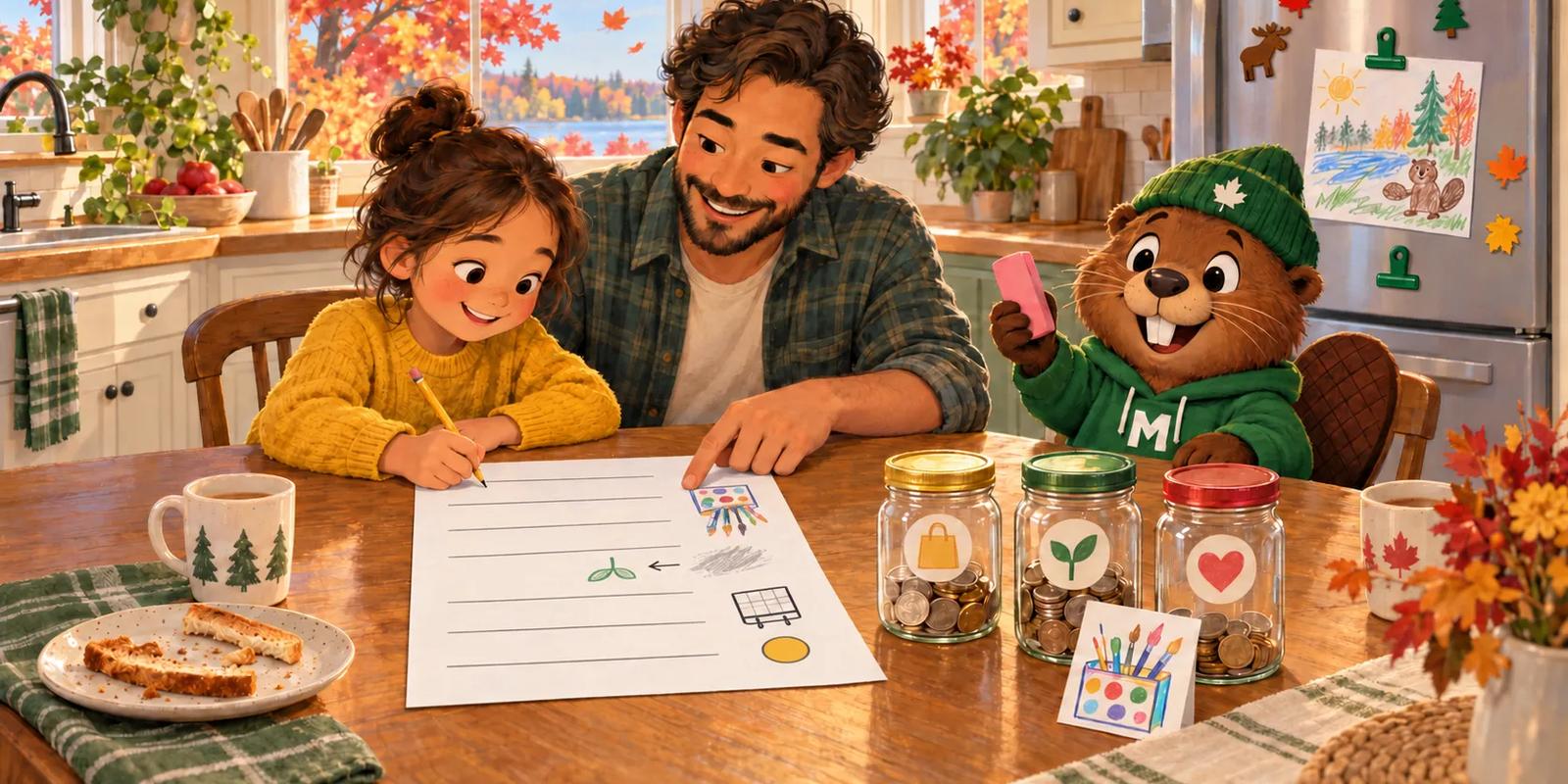 A sunny kitchen on an autumn morning, with red and orange maple trees and a lake outside the window. At the kitchen table, a girl in a yellow sweater fills in a sheet of paper with a pencil while her dad leans in, smiling, and points to a line. The page has blank lines and small drawings of a coin, a calendar, a sprout and an art kit, with one spot rubbed out to be rewritten. Monty the beaver, in a green toque and M hoodie, sits at the end of the table holding up a pink eraser. Three glass jars of coins marked with a shopping bag, a sprout and a heart sit on the table beside a drawing of an art kit, with mugs and toast crusts from breakfast. A child's crayon drawing hangs on the fridge.