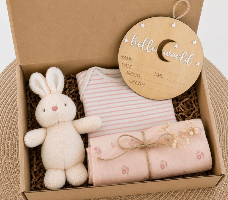 Little Bunny Rose gift box σε απαλές ροζ αποχρώσεις με λούτρινο λαγουδάκι και βρεφικά είδη