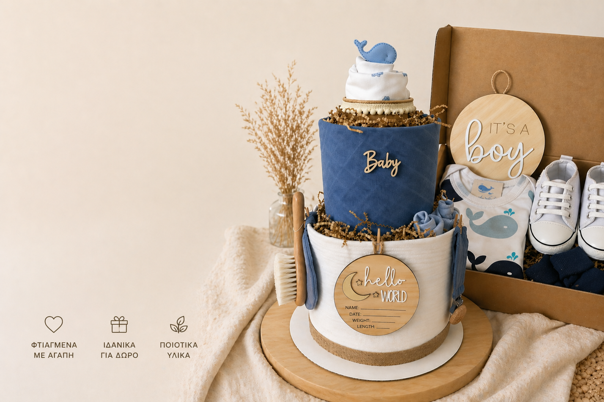 Σετ δώρου για νεογέννητο με diaper cake, βρεφικά ρούχα, αξεσουάρ και κουτί δώρου σε μπλε αποχρώσεις